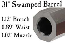Match Quality Rifle Barrel, .62 caliber,
Jaeger, 31" swamped profile,
1-66" twist, 3.8 lb, crowned, flared tang plug,
by Rice Barrel Company